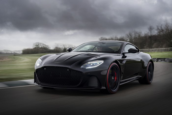 Black 2019 Aston Martin DBS Superleggera TAG Heuer Edition in motion