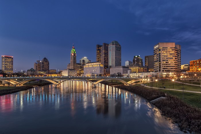 Columbus, Ohio Skyline at Dusk with River and Bridge