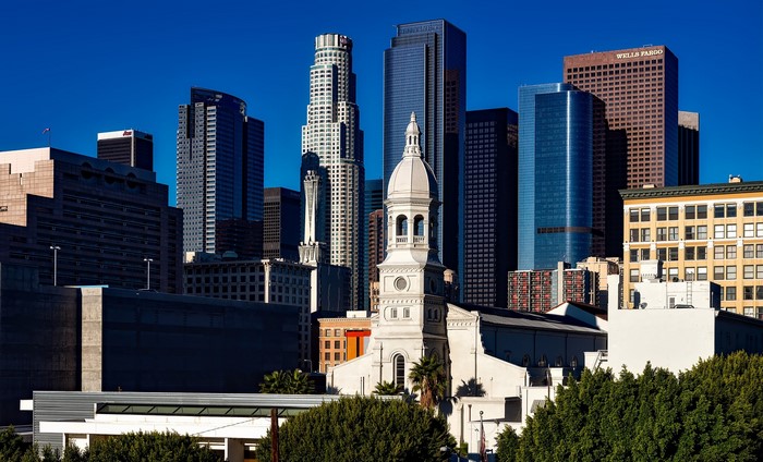 Los Angeles skyline with church and skyscrapers