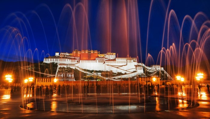 Potala Palace with Fountains at Night, Tibet