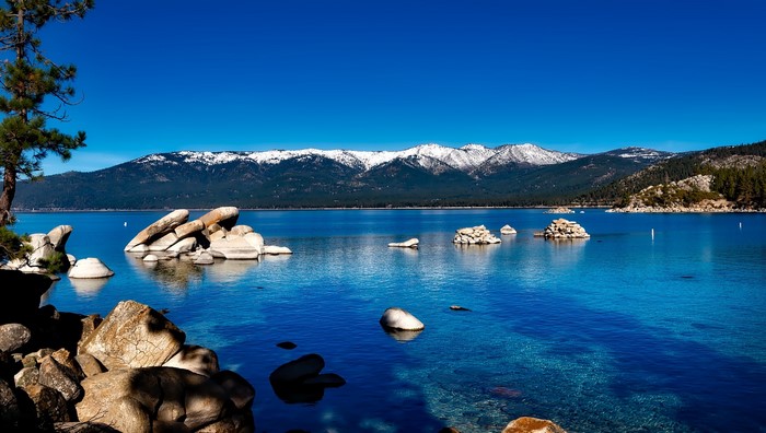 Lake Tahoe with snow-capped Sierra Nevada mountains