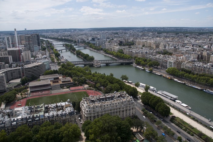 Aerial view of Paris with the Seine River and bridges