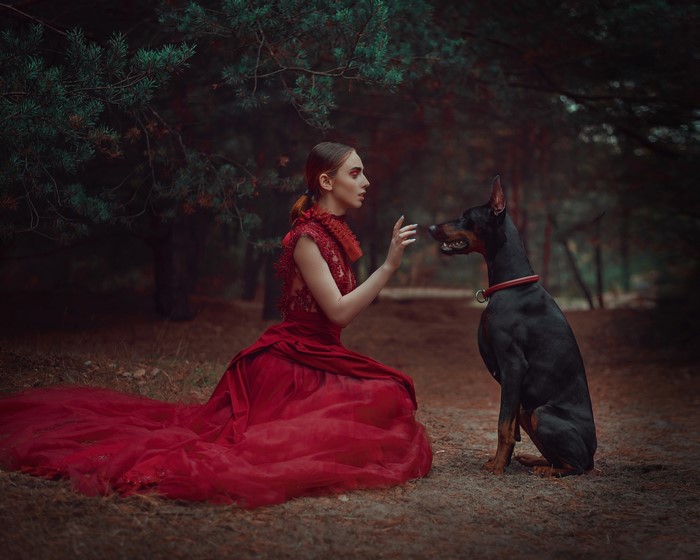 Woman in red dress with Doberman Pinscher in forest
