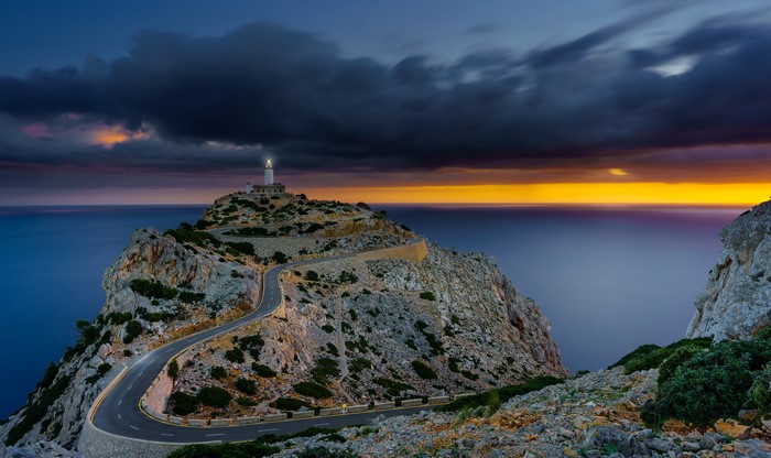 4K Lighthouse on Majorca Coast at Sunset