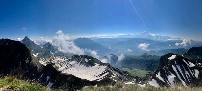 Panoramic view of the Alps with Mont Blanc in the distance