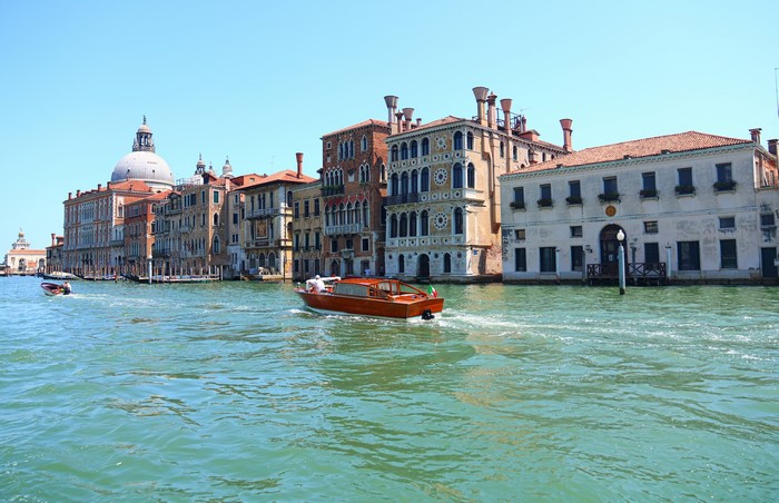 Motorboat on Canal Grande in Venice, Italy