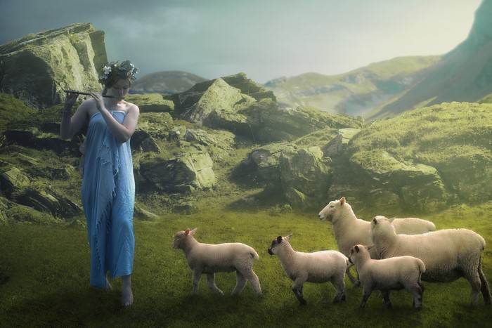 Girl with Wreath Playing Flute for Sheep Herd