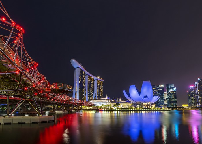 Singapore skyline with Marina Bay Sands and Helix Bridge at night