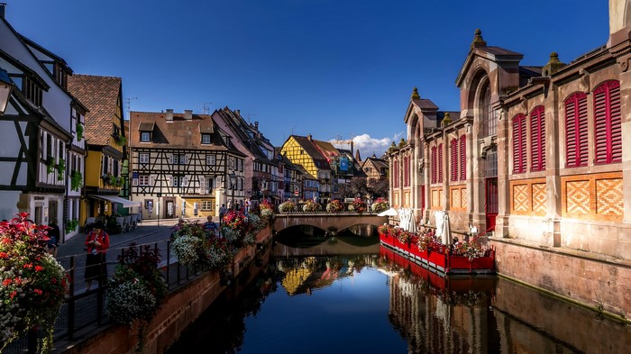 Colmar, France canal with historic houses and bridge