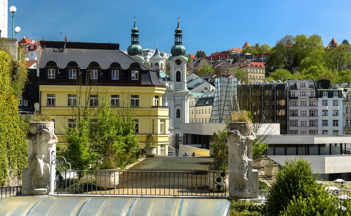 Karlovy Vary, Czech Republic cityscape with church towers