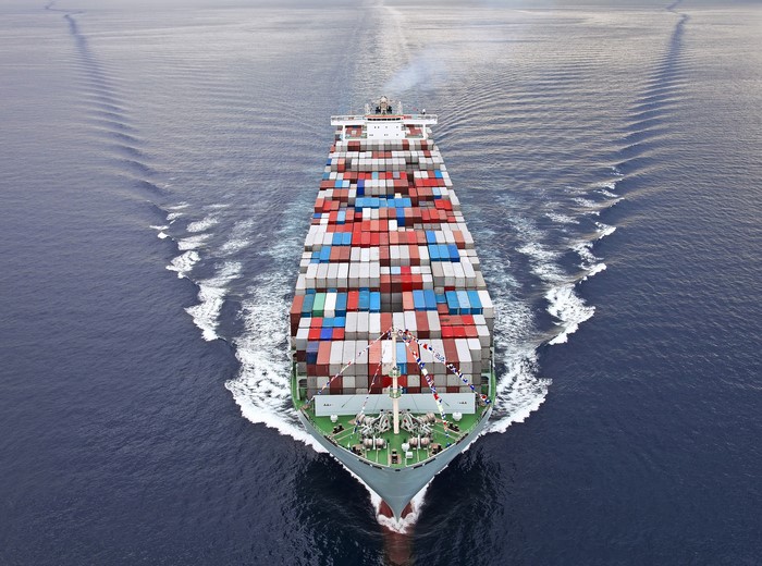 Container ship sailing on the ocean