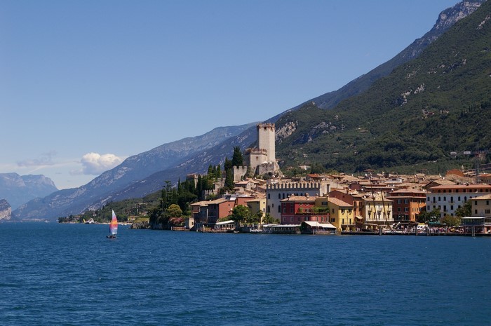 Castle and colorful houses on Lake Garda, Italy