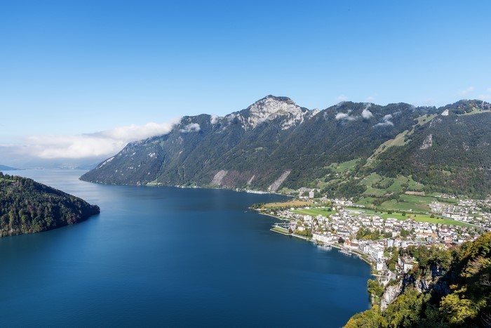 Lake Lucerne and mountains in Ingenbohl, Canton of Schwyz, Switzerland
