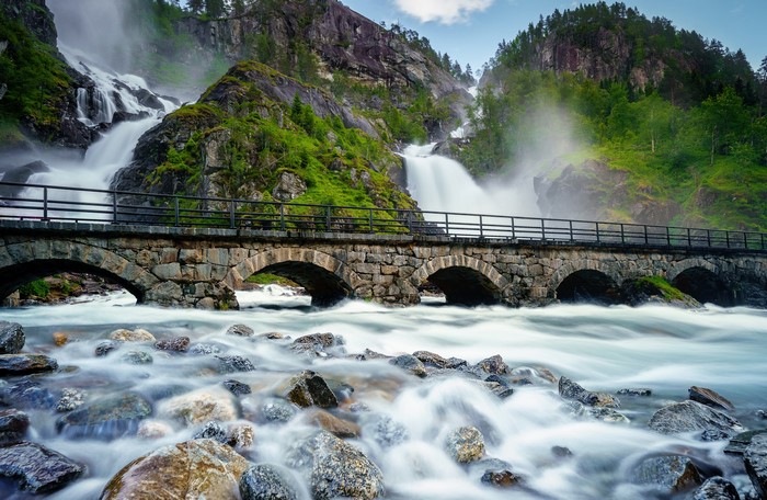 Stone bridge over a river with waterfalls in Norway
