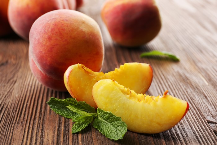 Peaches and Mint Leaves