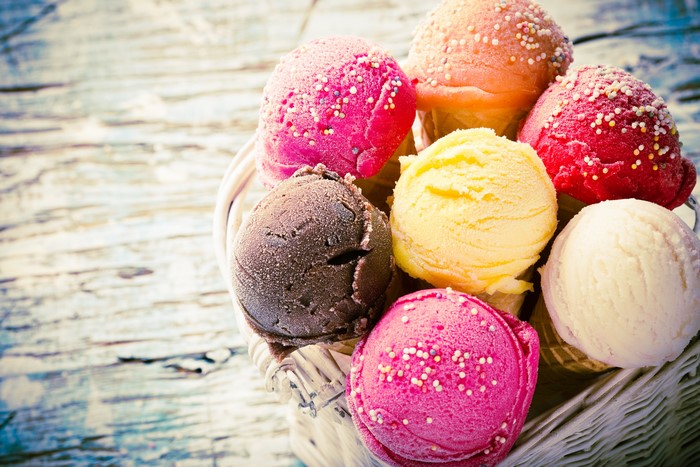 Basket of multicolor ice cream balls