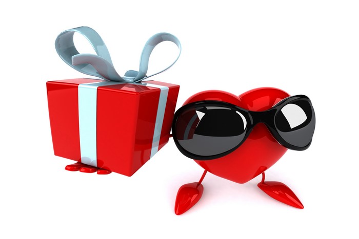 Red heart character with sunglasses holding a gift box