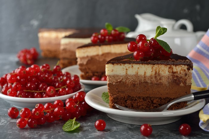 Chocolate mousse cake with red currants