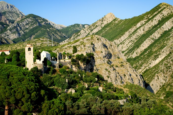 Old town ruins and clock tower in Bar, Montenegro