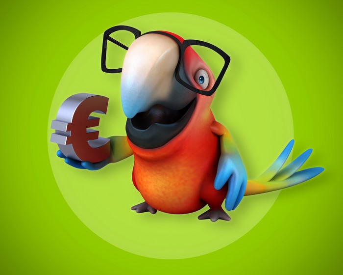 Parrot wearing glasses holding a Euro symbol