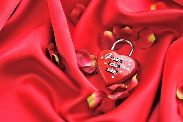 Red heart padlock on red silk with rose petals