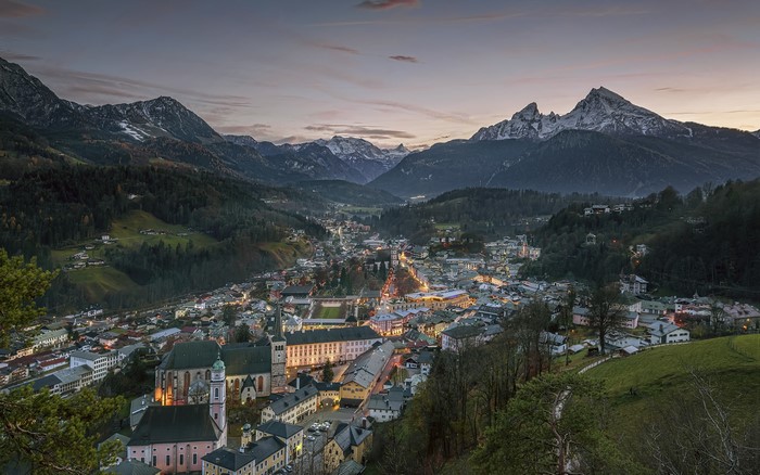 Berchtesgaden town nestled in the Bavarian Alps at dusk