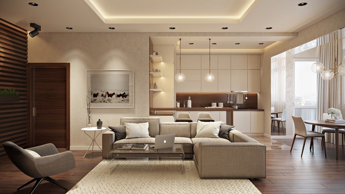Modern living room with sectional sofa and kitchen
