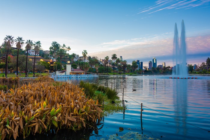 Echo Park Lake Fountain Los Angeles USA