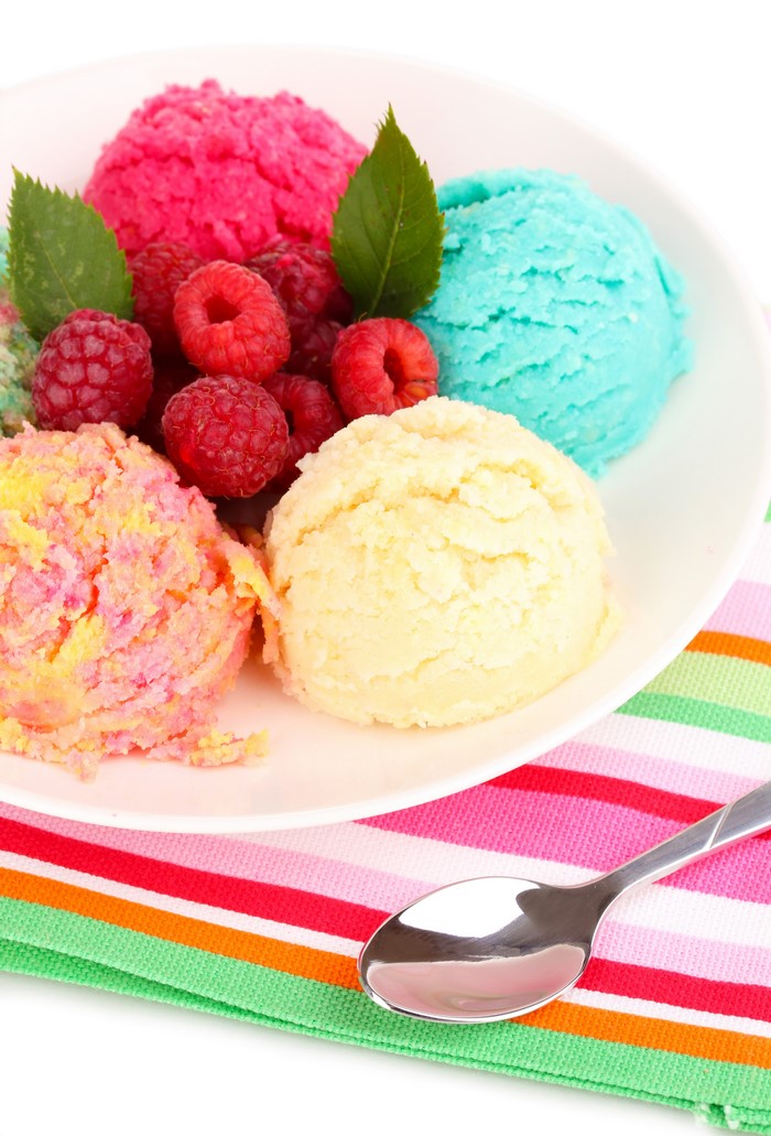 Plate of multicolor ice cream scoops with raspberries and mint leaves