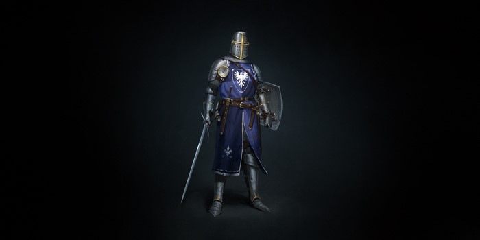 Medieval knight in full armor with sword and shield