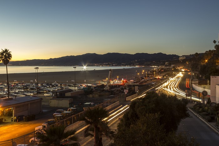 Santa Monica Coastline at Dusk with Traffic