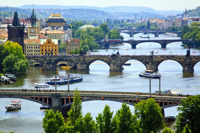 Prague, Czech Republic, Vltava River, Charles Bridge, Riverboats