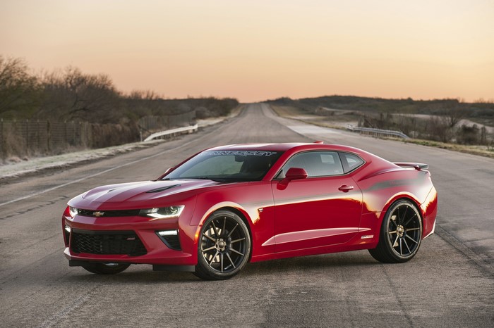 Red Chevrolet Camaro with Hennessey branding