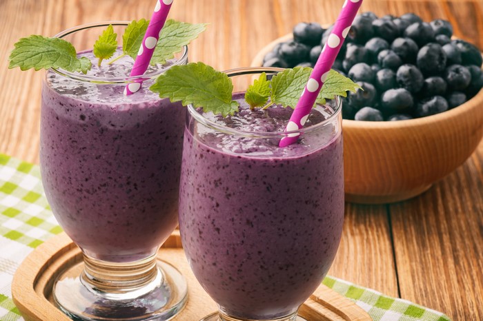 Two Blueberry Smoothies with Mint and Blueberries