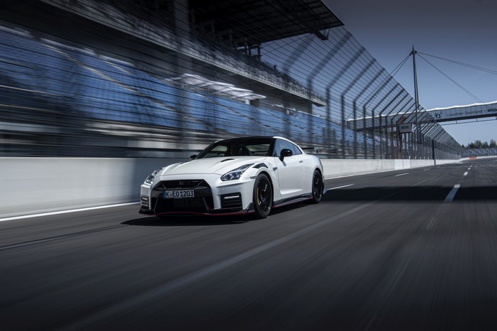 White Nissan GT-R R35 Nismo 2020 on a Race Track