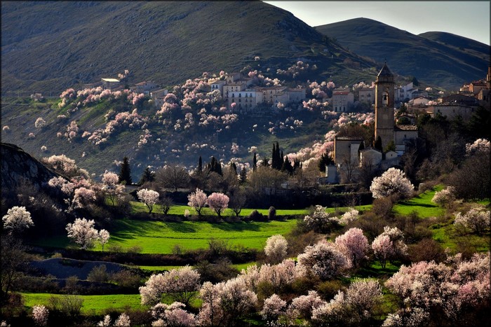 Santo Stefano di Sessanio village with flowering trees in Abruzzo, Italy