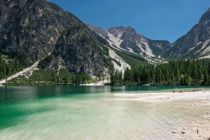 4K Scenic View of Lake Braies in Dolomite Alps