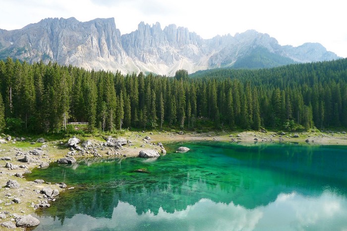 Lake Carezza with Dolomites Mountains, South Tyrol, Italy