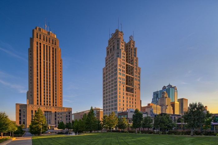 Kansas City skyline with historic buildings and park