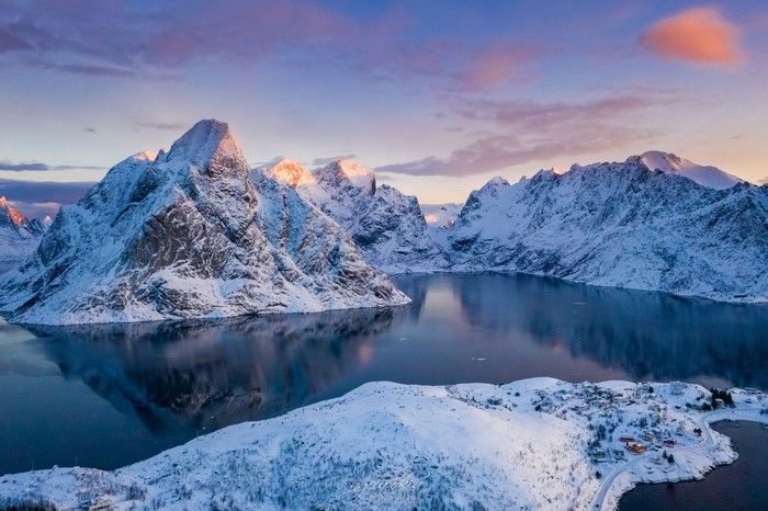 Snowy Lofoten Mountains and Bay in Winter
