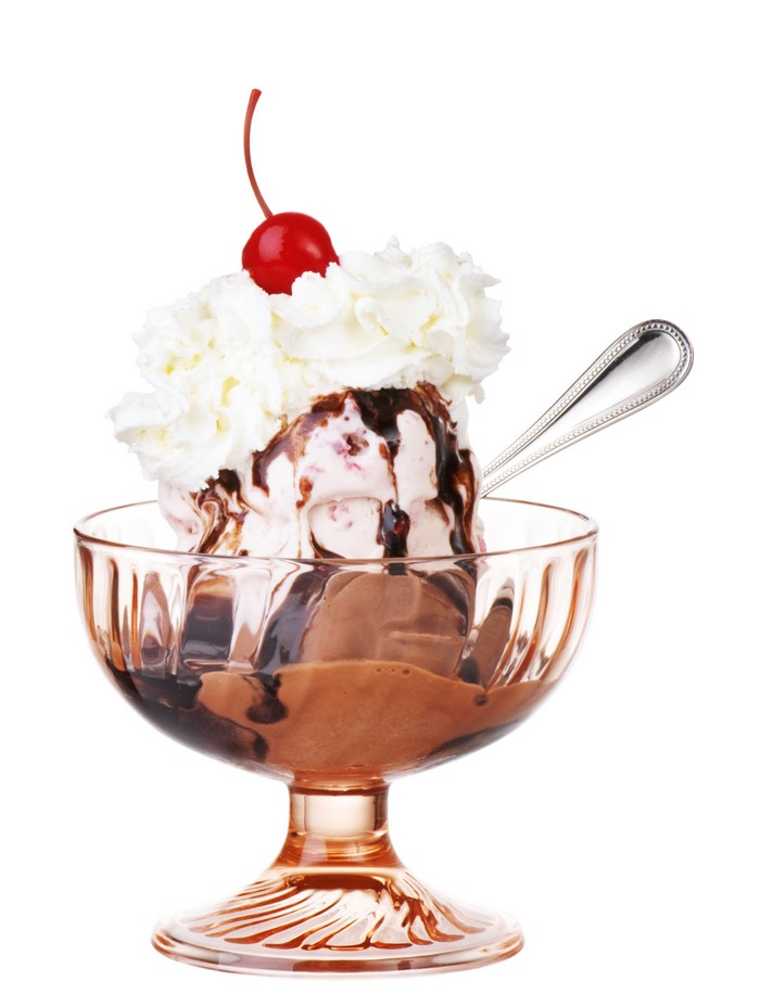 Ice cream sundae with chocolate syrup and cherry