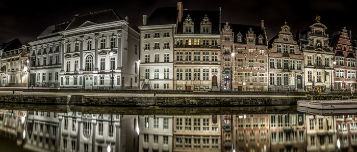 Ghent Belgium Canal at Night with Reflections