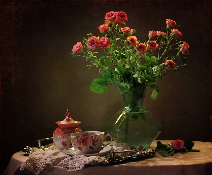 Still-life with roses, vase, cup, and sugar bowl