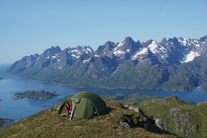 Tent on a mountain in Lofoten Islands, Norway