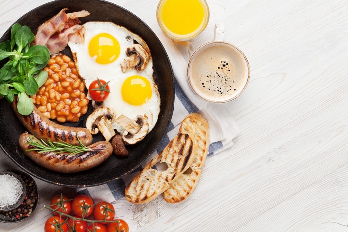 Full English Breakfast with Coffee and Orange Juice