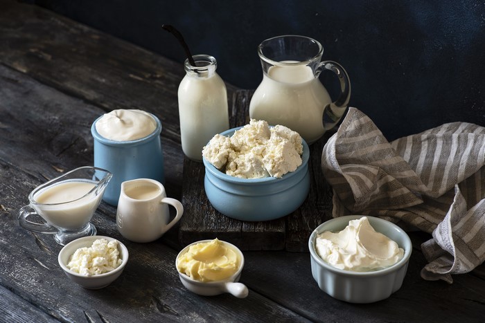Dairy products including milk, cream, butter, and cheese