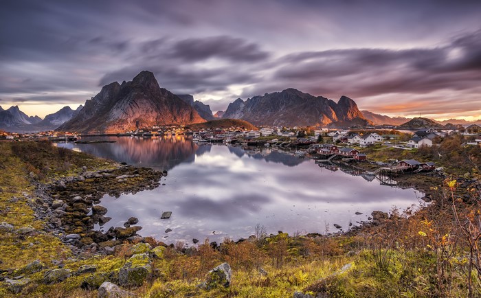 Reine, Lofoten, Norway: Mountains and Houses at Sunset