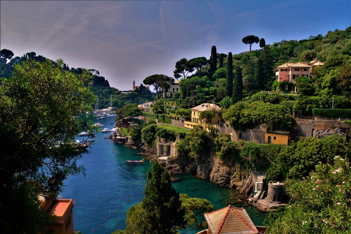 Portofino, Italy: Houses on a Lush Green Hillside Overlooking a Bay with Boats