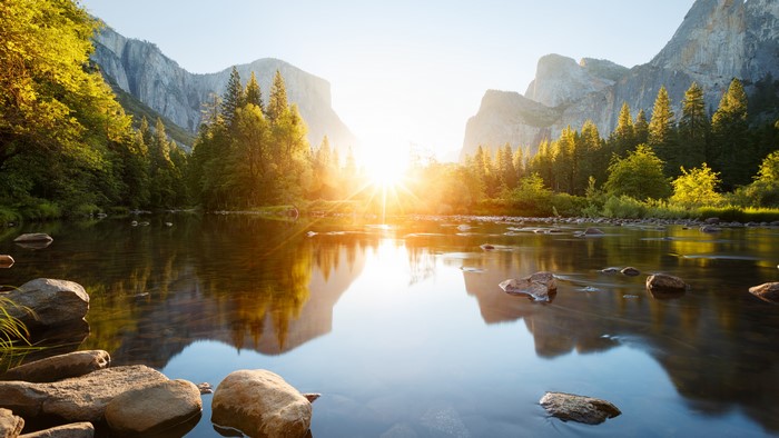 4K Sunrise Over Mountain River and Stones