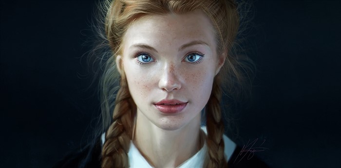 Painting of a young girl with blue eyes and freckles